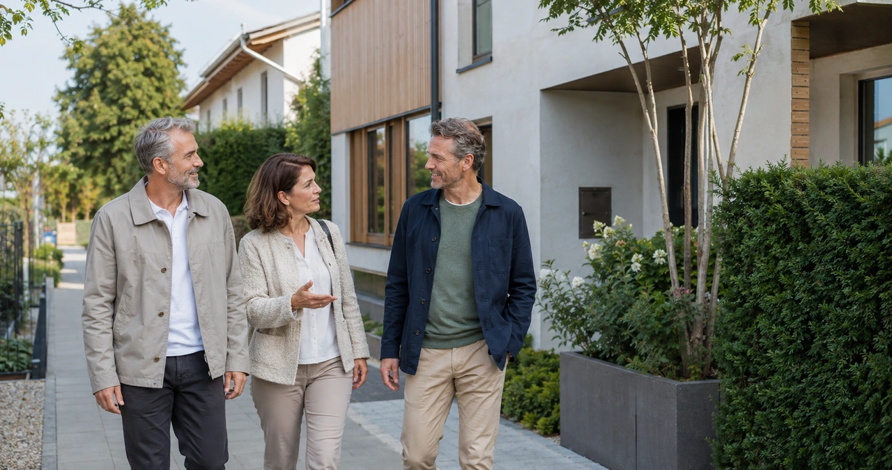 Symbolischer persönlicher Immobilienkontakt vor einem Wohnhaus